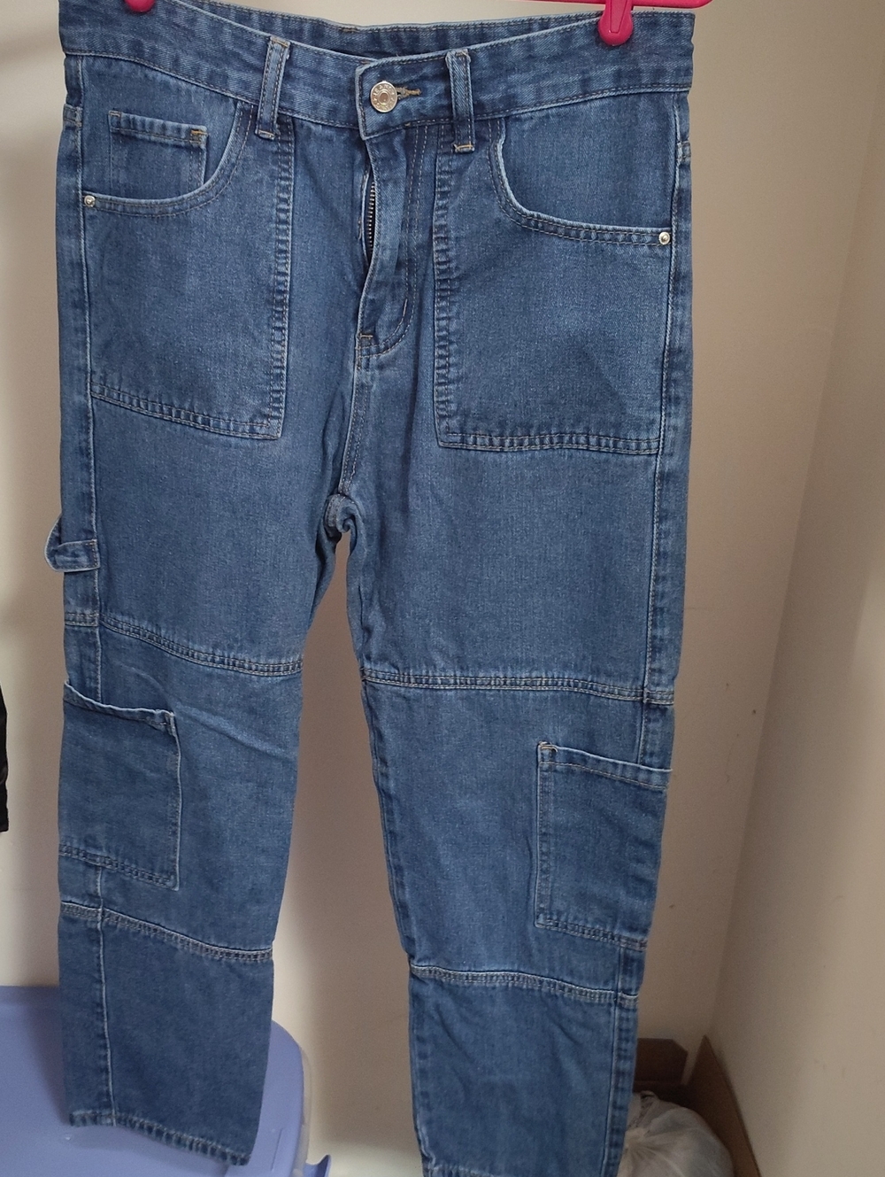 SHEIN Dark Blue Denim Jeans with Gold Stitching